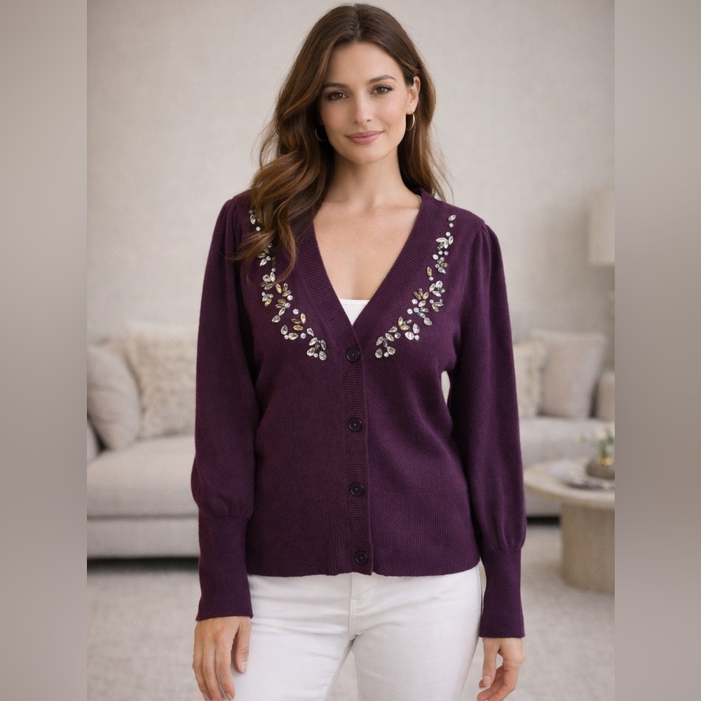 Express Women’s Purple Embellished V-Neck Button Cardigan Sweater Size XL